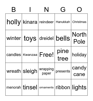 December Vocabulary Words Bingo Card