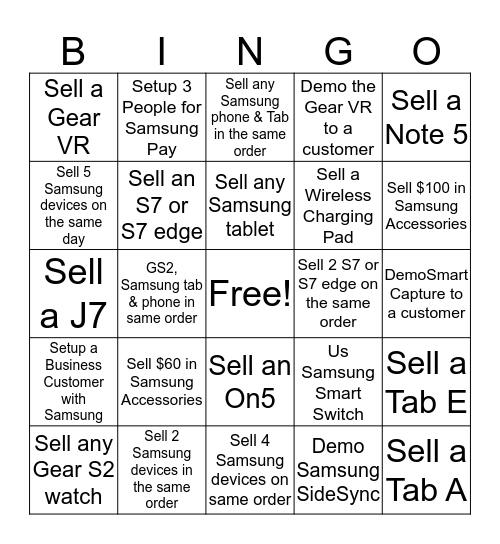 Samsung Bingo Smackdown Bingo Card