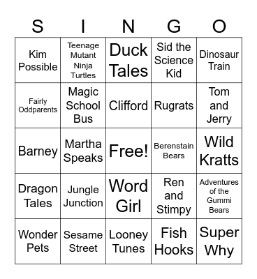 Cartoon Throwback Bingo Card