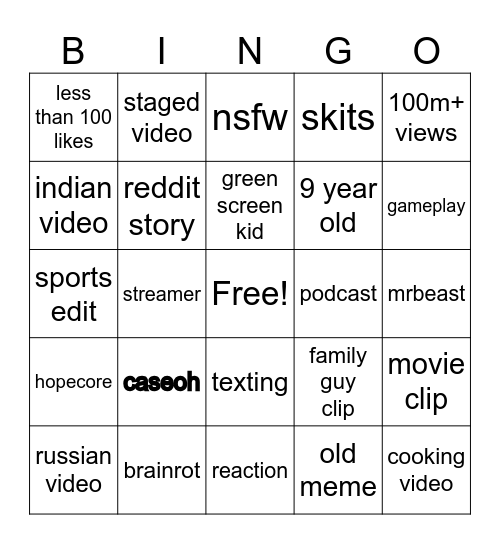 yt shorts bingo Card