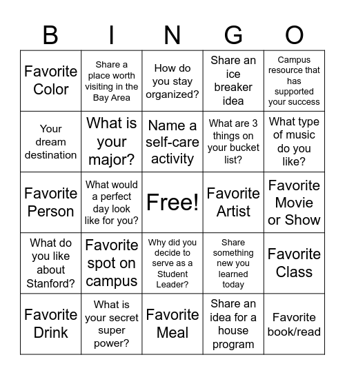 Aspen NH Student Leaders Bingo Card