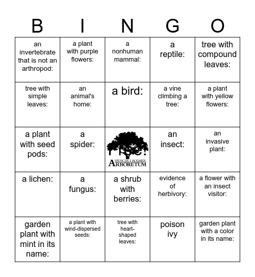 Roemer Arboretum Bingo Card