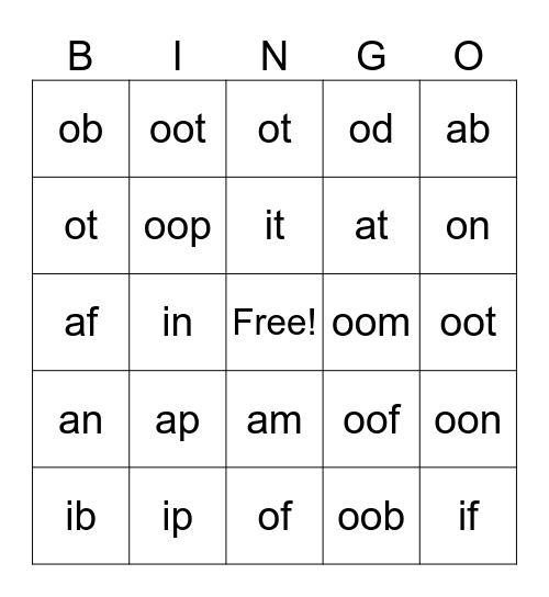 VC Short Vowel  Bingo Card