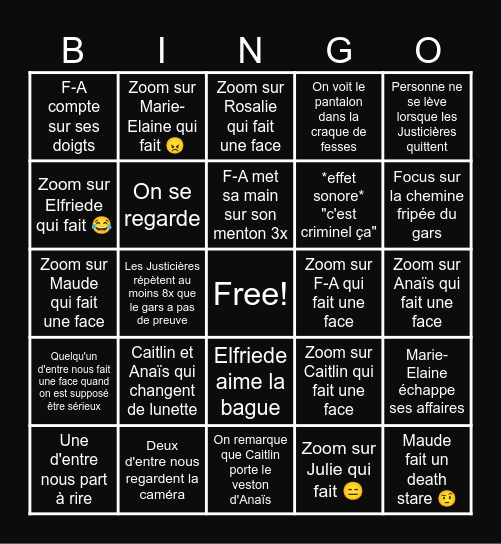 Les Justicières Bingo Card