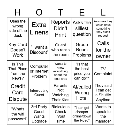 Hotel Bingo Card