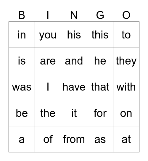 September Sight Words Bingo Card