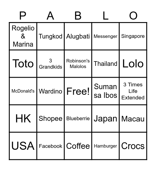 Pablo's 80th Birthday Bingo Card