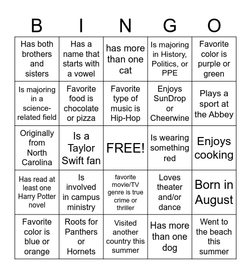 Getting to Know You Bingo Card