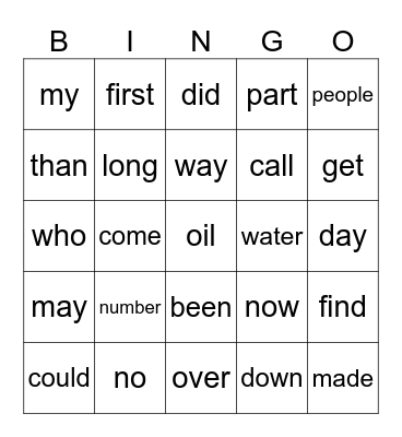 November Sight Words Bingo Card
