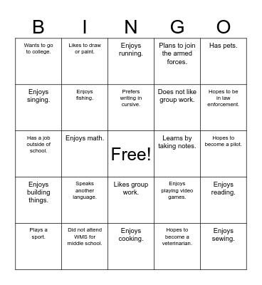 Find a classmate who.... Bingo Card