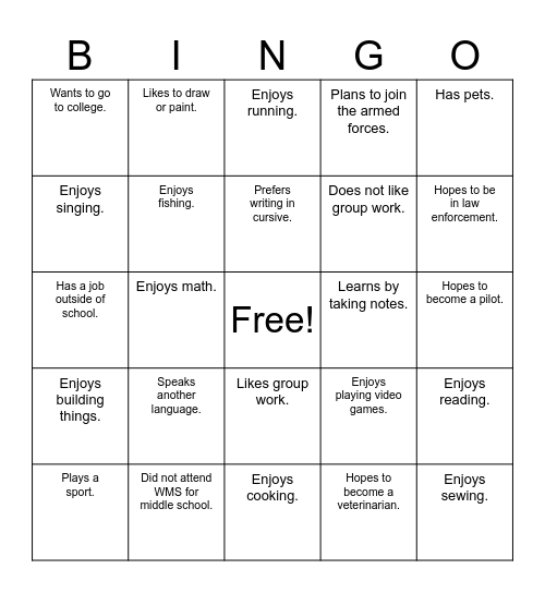 Find a classmate who.... Bingo Card