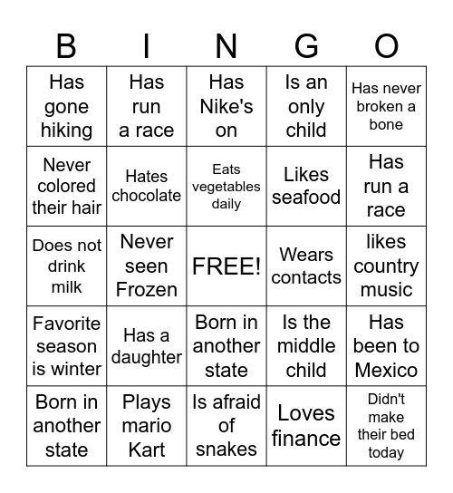 Get to Know You Bingo Card