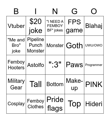 Femboy Bingo Card