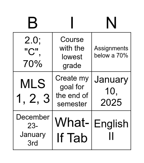 End of Semester Bingo! Bingo Card