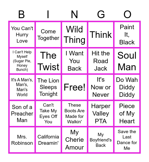 MUSIC BINGO at the Ann Arbor Eagles! Bingo Card