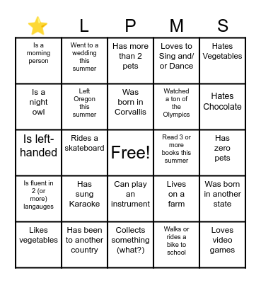 Get to Know You Bingo Card