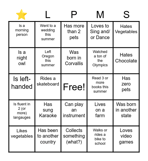 Get to Know You Bingo Card