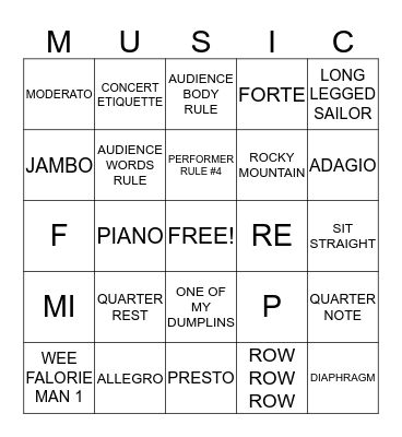 MUSICAL BINGO Card