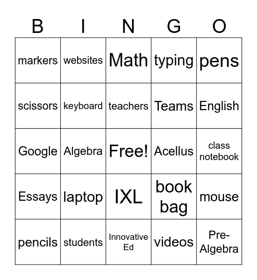 School Bingo Card