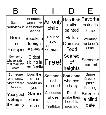 Bridal Shower Guest BINGO Card
