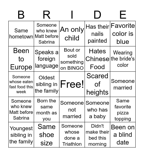 Bridal Shower Guest BINGO Card