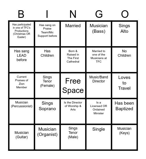 The First Cathedral Music Ministry Bingo Card