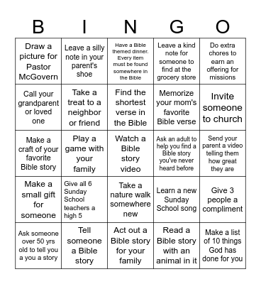 Sunday School Challenge Bingo Card