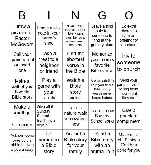 Sunday School Challenge Bingo Card