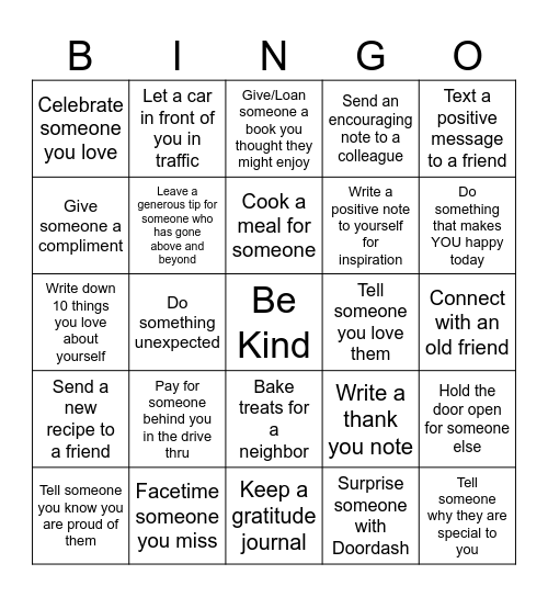 Kindness Bingo Card