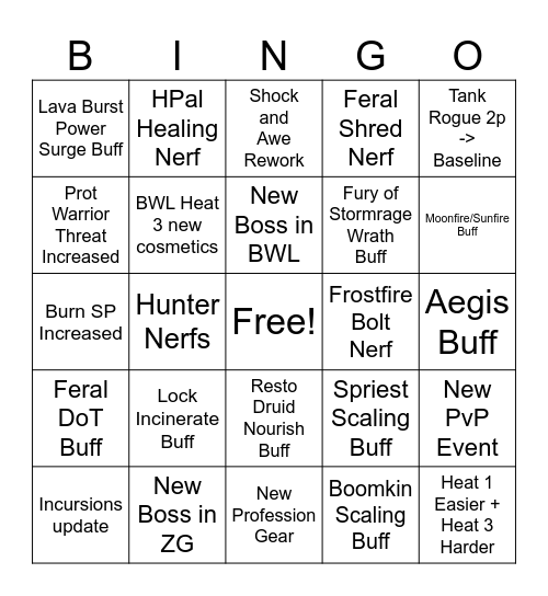 SoD Phase 5 Changes Bingo Card