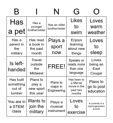 EAST Student Bingo Card