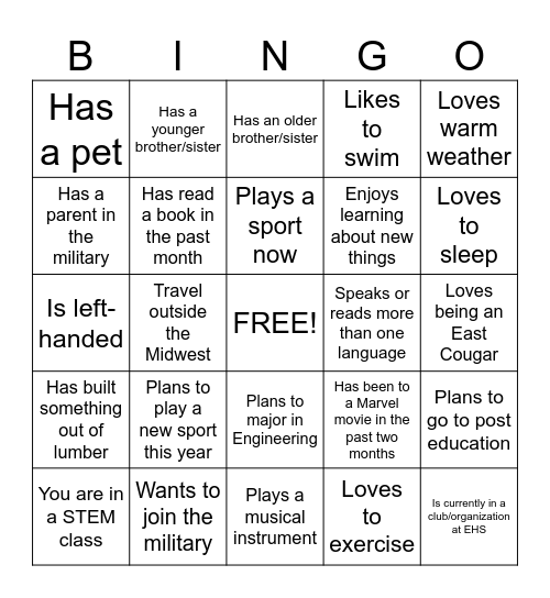 EAST Student Bingo Card