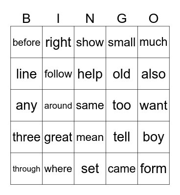 February Sight Words Bingo Card