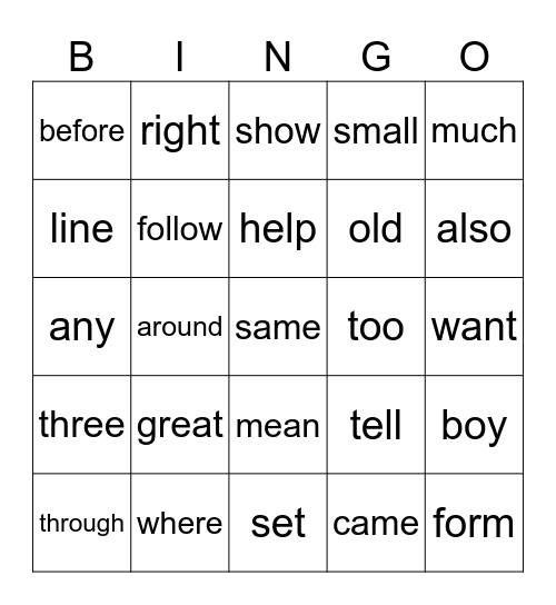 February Sight Words Bingo Card