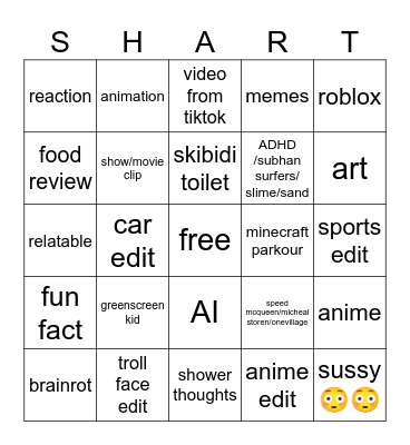 youtube shorts cringe bingo Card