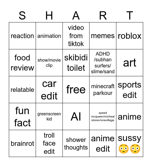 youtube shorts cringe bingo Card