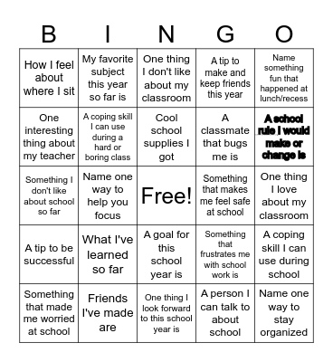 Back to School Bingo Card