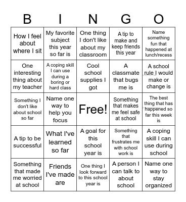 Back to School Bingo Card