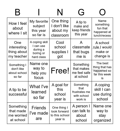 Back to School Bingo Card