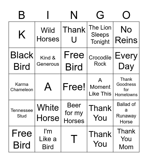 Animals and Thanks Bingo Card