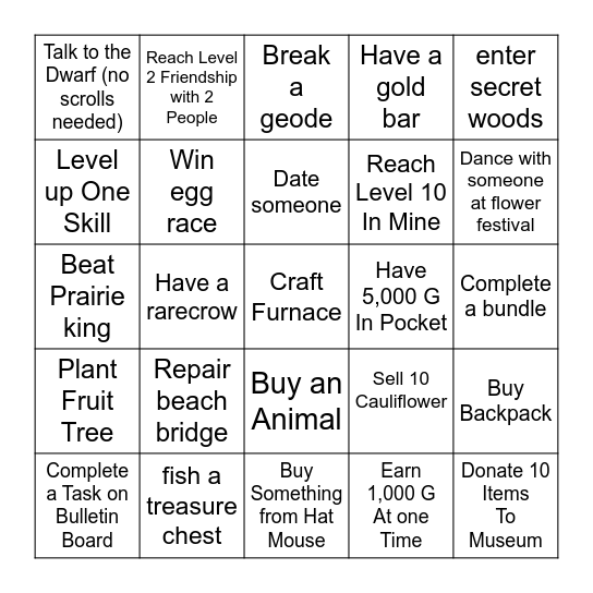 Stardew Valley Lockout Bingo Card