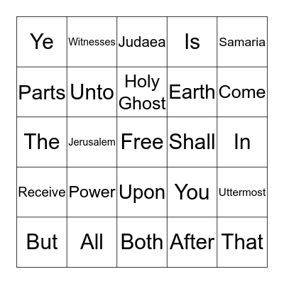 Day 2 Acts 1:8 Bingo Card