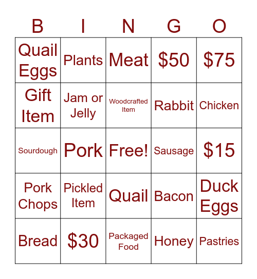 Farmer's Market Bingo Card