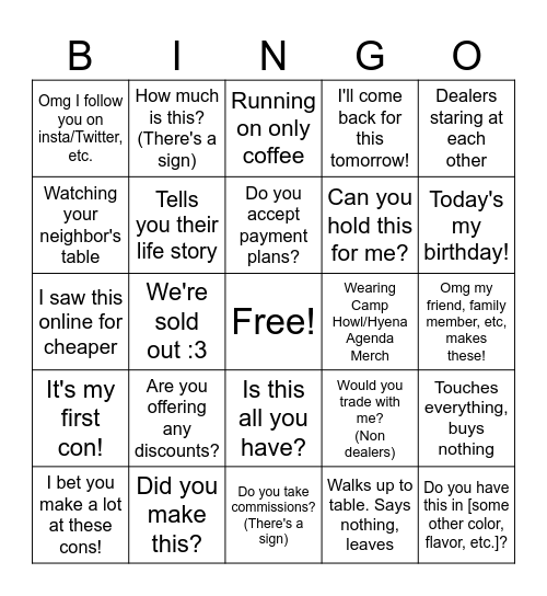 Furry Con Dealers Den Bingo Card