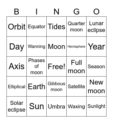 Earth, Sun and Moon Bingo Card