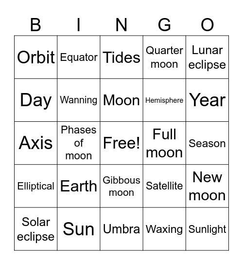 Earth, Sun and Moon Bingo Card