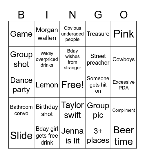 Jenna Bday Bingo Card