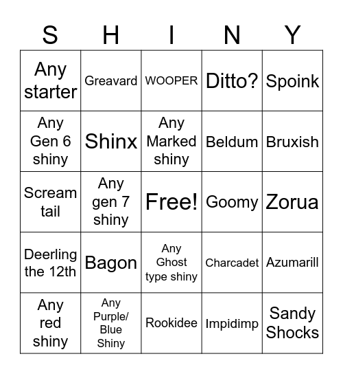 The Shiny Bingo SV Edition Bingo Card