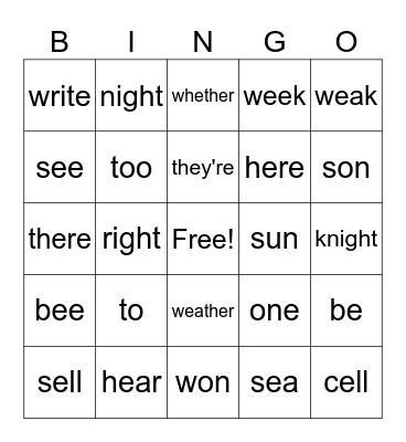 Homophones Bingo Card