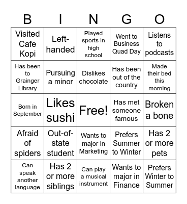 B101 Get to Know You Bingo Card